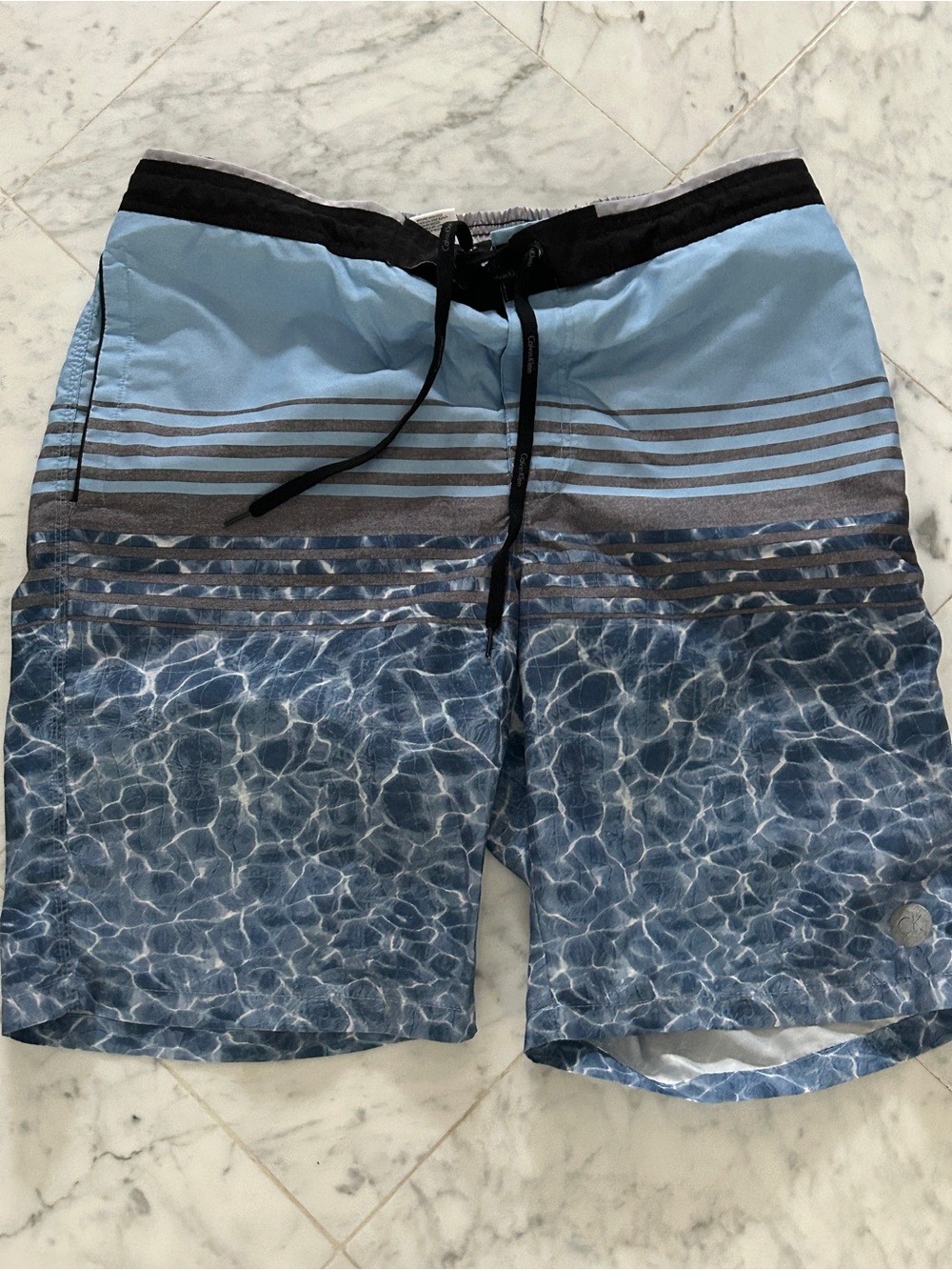 Calvin Klein Light Blue & Black Water-Print Board Shorts